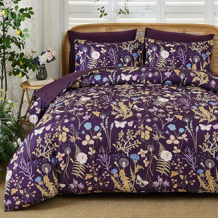 Yiran King Size Comforter Set 7 Piece, Dark Green Floral Bedding Set, Bed in a Bag King with Botanical Flowers Pattern, Soft Microfiber Complete Bedding Set with Sheets for All Season