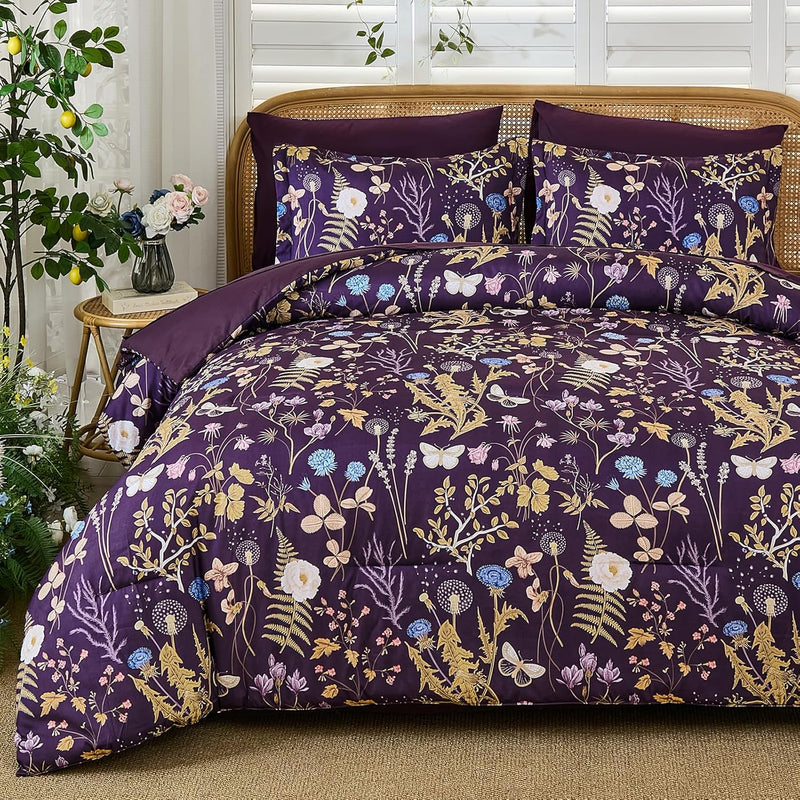 Yiran King Size Comforter Set 7 Piece, Dark Green Floral Bedding Set, Bed in a Bag King with Botanical Flowers Pattern, Soft Microfiber Complete Bedding Set with Sheets for All Season