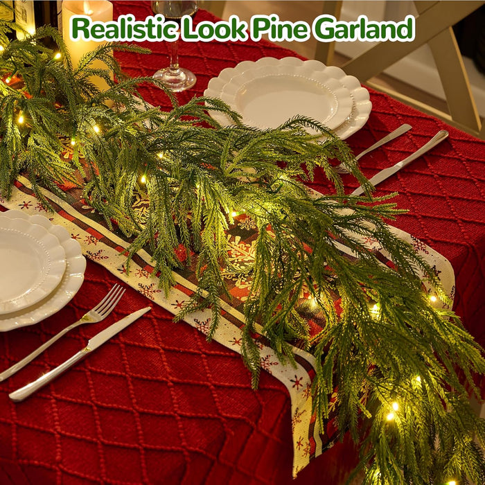 Christmas Garland with Lights for Mantle Prelit - INCIKITI 9FT Norfolk Pine Garland Prelit Garlands for Decoration Christmas, Battery Operated Christmas Garland with Lights for Stairs Railing Table