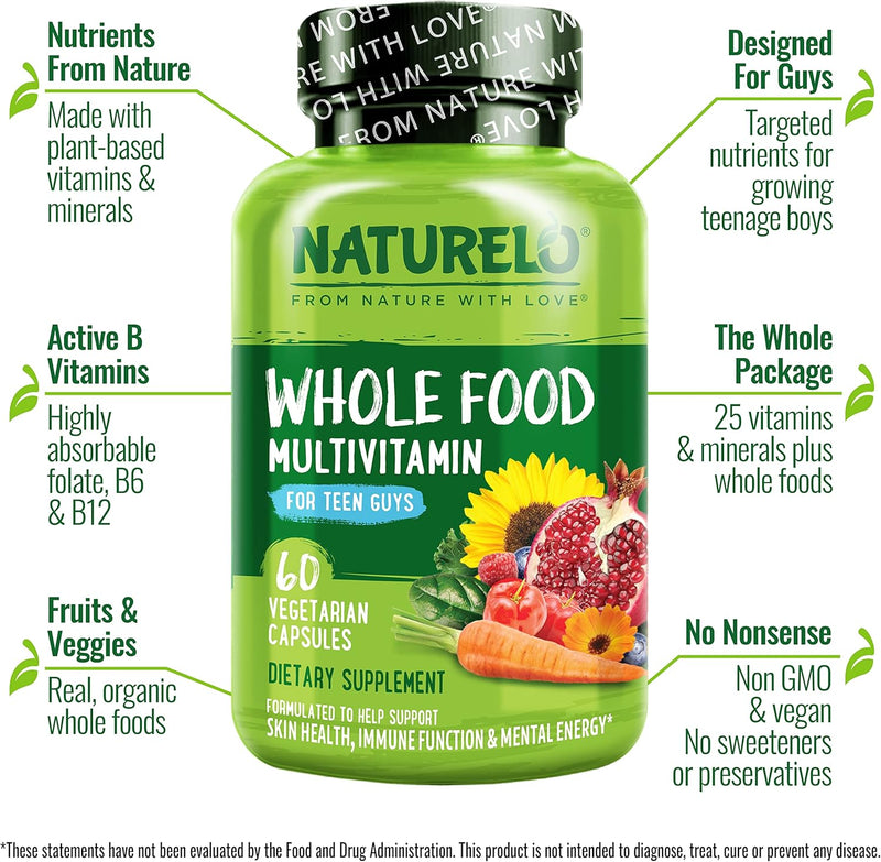 NATURELO Teen Multivitamin - Whole Food Multivitamin for Teenage Boys - Minerals Supplement for Active Kids - with Plant Extracts - Non-GMO - Vegan & Vegetarian - 60 Capsules