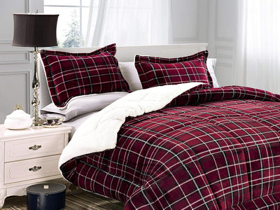 Elegant Comfort Softest, Coziest Heavy Weight Plaid Pattern Micromink Sherpa-Backing Premium Quality Down Down Alternative Micro-Suede 3-Piece Reversible Comforter Set, King/Cal King, Burgundy