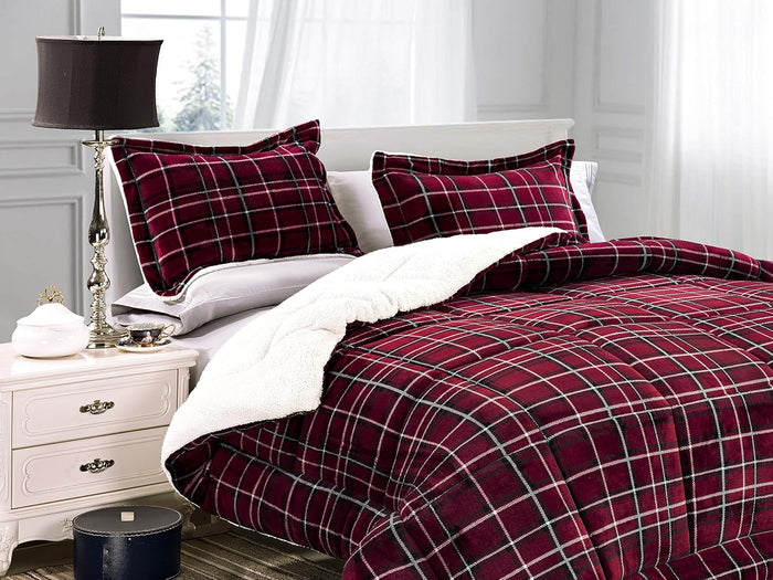 Elegant Comfort Softest, Coziest Heavy Weight Plaid Pattern Micromink Sherpa-Backing Premium Quality Down Down Alternative Micro-Suede 3-Piece Reversible Comforter Set, King/Cal King, Burgundy