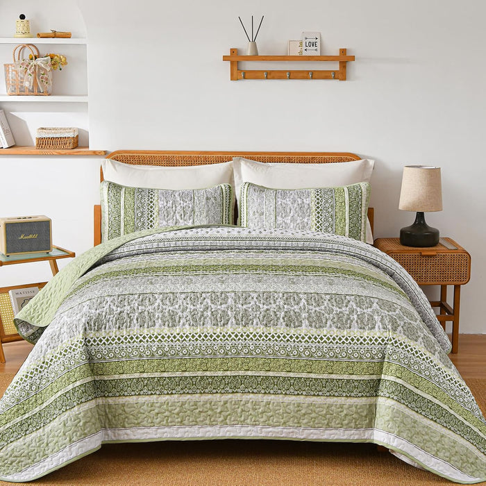 WONGS BEDDING Boho Quilt Set King Size, Navy Blue Bohemian 3 Pieces Quilt Sets, Lightweight Microfiber Bedspread Coverlet Bedding Set for All Season (104"x90")