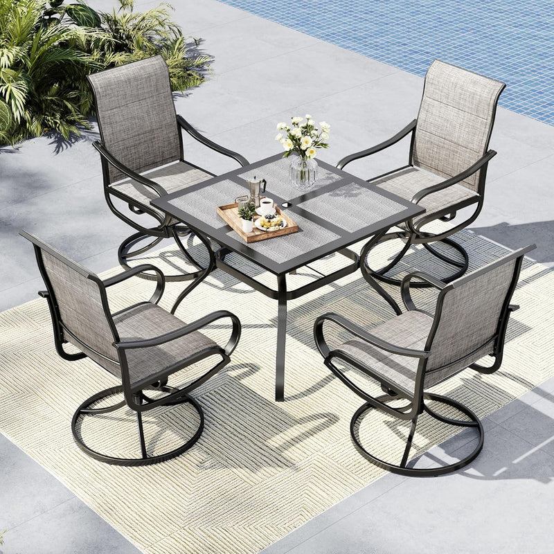 MFSTUDIO Outdoor Dining Set for 4，Round Patio Table and Chairs Set with Umbrella Hole, 5 Piece Patio Furniture Set for Deck, Backyard, Poolside & Garden
