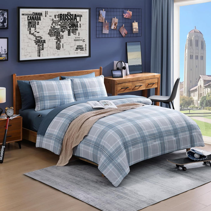 Full Size Comforter Sets, Khaki Green Plaid Bedding Set 7 Piece for Boys Girls Teen, Classic Homestead-Style Kids Comforter Set Bed in A Bag with Sheets, Pillowcases & Shams