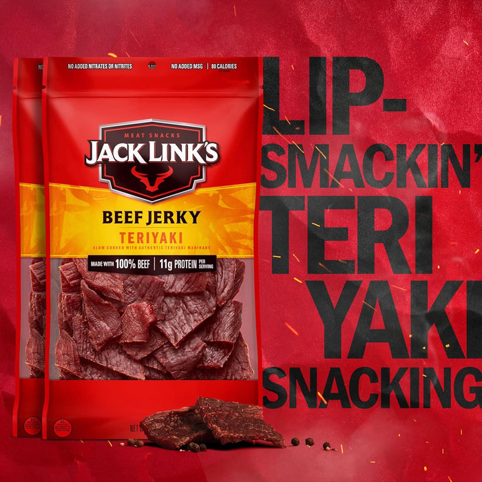 Jack Link's Beef Jerky, Teriyaki, Large Jerky Bags - Flavorful Meat Snacks, Ready to Eat Protein Snacks with 11g of Protein per Serving, Made with 100% Beef - 9 Oz. (Pack of 2)