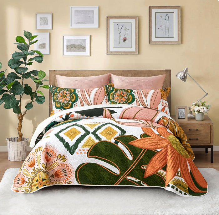 3 Piece Green Boho Floral Full/Queen Quilt Sets Farmhouse Botanical Reversible Lightweight Bedspread Coverlet with 2 Shams Butterfly Microfiber Bedding Quilts Set for All Season, 90''x96''