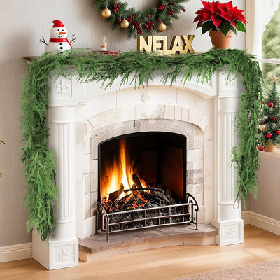 9FT Christmas Garland for Mantle, Artificial Real Touch Norfolk Pine & Cedar Garlands for Xmas Decoration Indoor Outdoor, Realistic Greenery Christmas Garland for Stairs Railing, Fireplace, 1 Pack