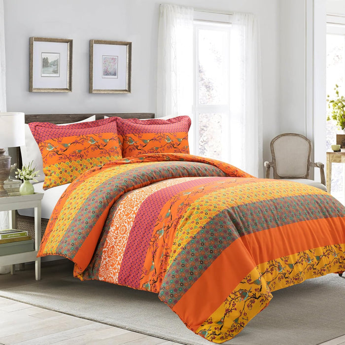 Lush Decor Royal Empire Reversible Cotton Quilt Set, 3 Piece Set King, Peacock - Striped Bedding Set - Floral Quilt King Size - Blue Bedding - Boho Decor