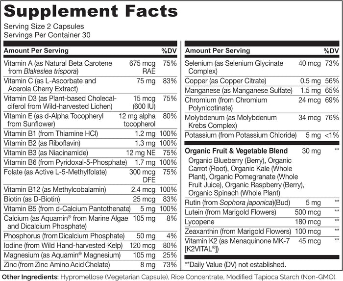 NATURELO Teen Multivitamin - Whole Food Multivitamin for Teenage Boys - Minerals Supplement for Active Kids - with Plant Extracts - Non-GMO - Vegan & Vegetarian - 60 Capsules