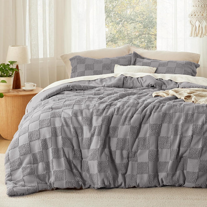 Bedsure Queen Size Comforter Set Beige, Boho Tufted Bed Set, Checkered Farmhouse Shabby Chic Bedding, 3 Pieces, 1 Plaid Geometric Comforter and 2 Pillow Shams