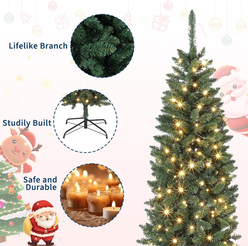 12 FT Pre-Lit Christmas Tree, Artificial Pencil Holiday Decoration with 700 LED Light & 2053 Tips, Metal Foldable Stand for Indoor and Outdoor Use, Green
