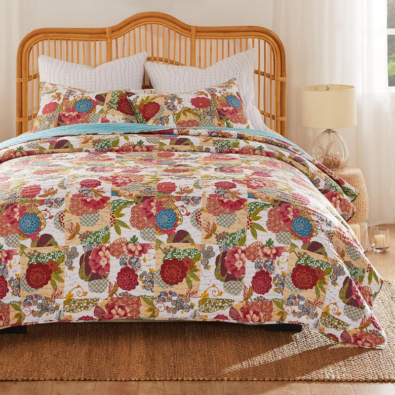 Greenland Home 3-Piece Jewel Quilt Set, King, Multicolor, Red
