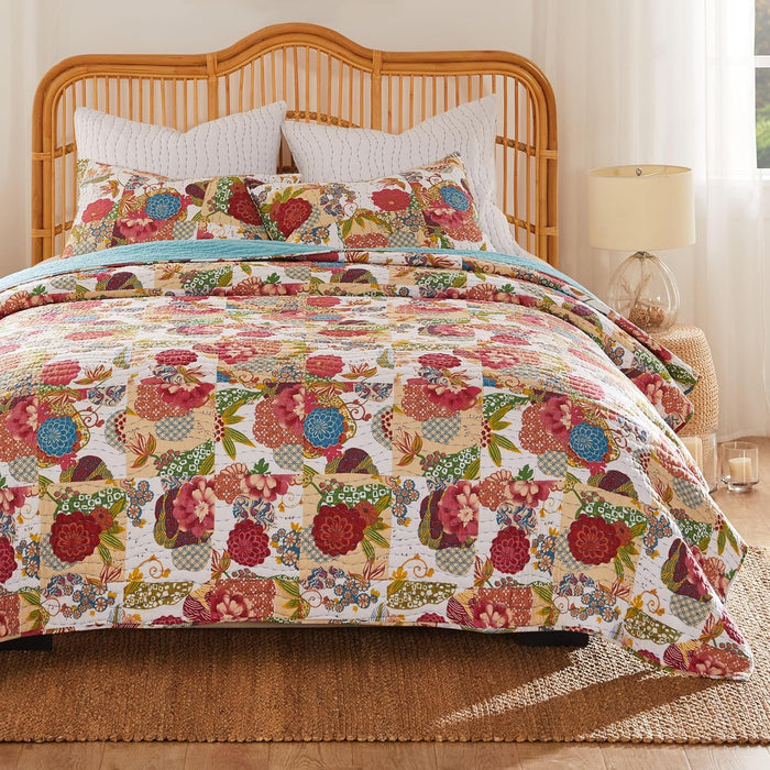 Greenland Home 3-Piece Jewel Quilt Set, King, Multicolor, Red