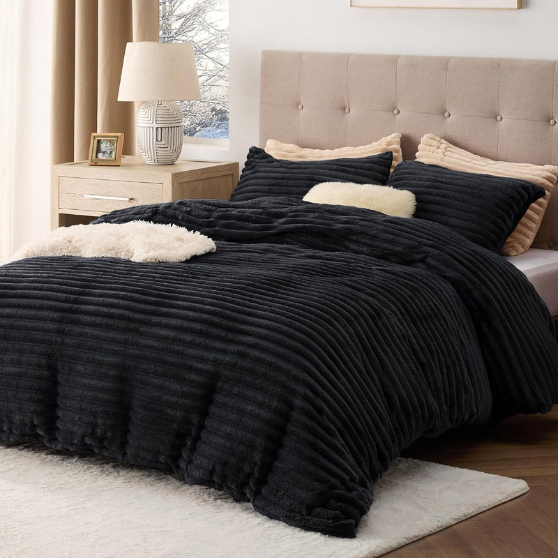 Bedsure Fluffy Duvet Cover Set - Ultra Soft Plush Shaggy Comforter Cover Queen Size, Warm Flannel Fleece Bed Sets for Winter, 3 Pieces (Striped Pattern, Coconut White)
