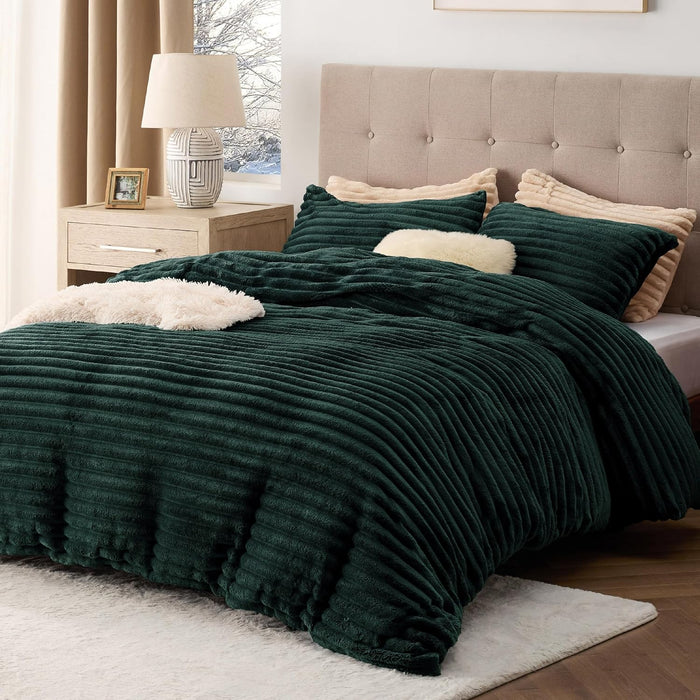 Bedsure Fluffy Duvet Cover Set - Ultra Soft Plush Shaggy Comforter Cover Queen Size, Warm Flannel Fleece Bed Sets for Winter, 3 Pieces (Striped Pattern, Coconut White)