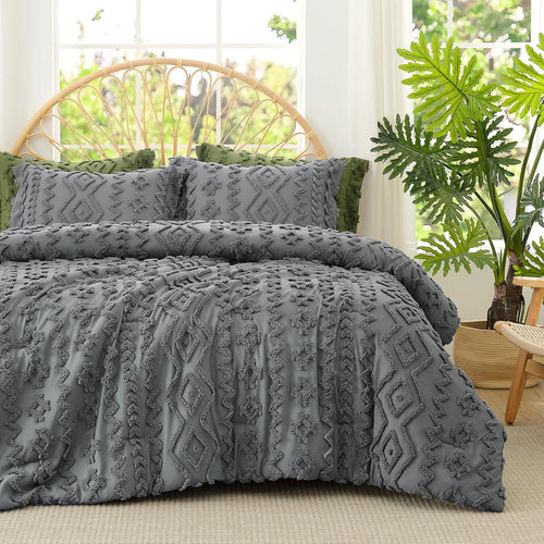 Amélie Home Boho Comforter Set Queen Size, 3 Piece Beige Boho Bedding Set, Rustic Farmhouse Luxury Gift for Women Home Decor, Soft Cozy Diamond Comforter for All Seasons