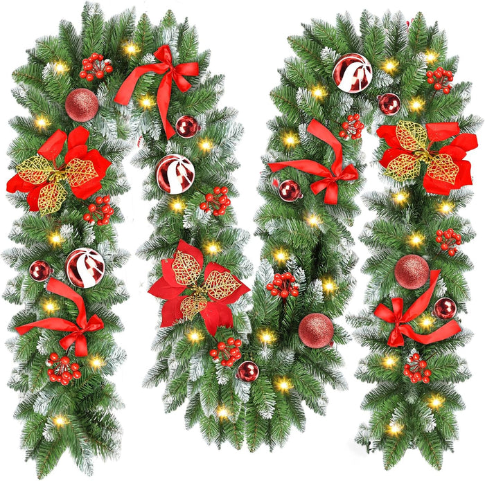 Christmas Garland with Lights, 30 LED 9FT Prelit Christmas Garland for Mantle,Outdoor Indoor Christmas Decorations Garland Battery Operated with Bows,Flowers,for Stairs,Railing,Fireplace,Front Door