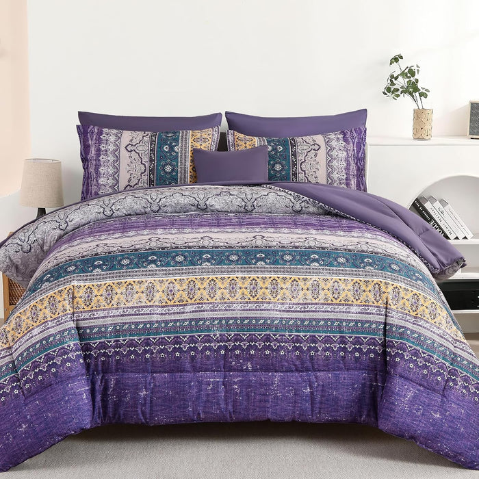 Cottolester Boho Comforter Set Full Size 8 Piece Bed in a Bag Bohemian Striped Bedding Quilt Set Aqua Paisley Floral Comforter and Sheet Set,Soft Microfiber Complete Bedding Sets for All Season