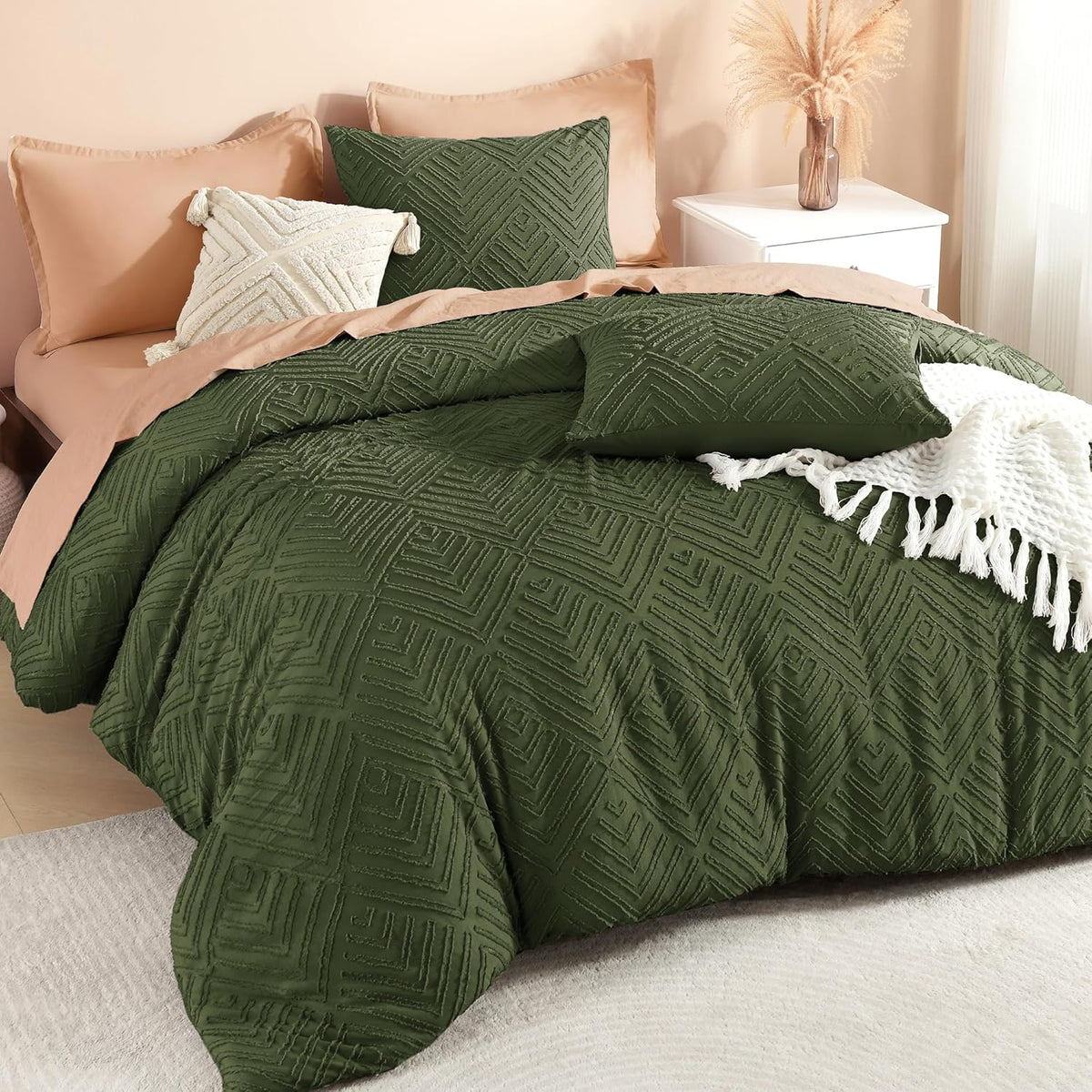 Litanika King Size Comforter Set Beige, 3 Pieces Cream Tufted Boho Farmhouse Bedding Comforter Sets, Lightweight Fluffy Comforter Bed Set for All Season (104x90In Comforter and 2 Pillowcases)