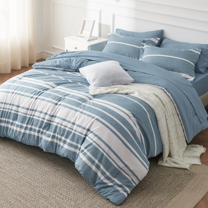 Bedsure Full Comforter Set 7 Pieces, Grey Striped Bedding Set for All Seasons, Reversible, Cationic Dyeing Bed in a Bag with Comforter, Sheets, Pillowcases & Shams