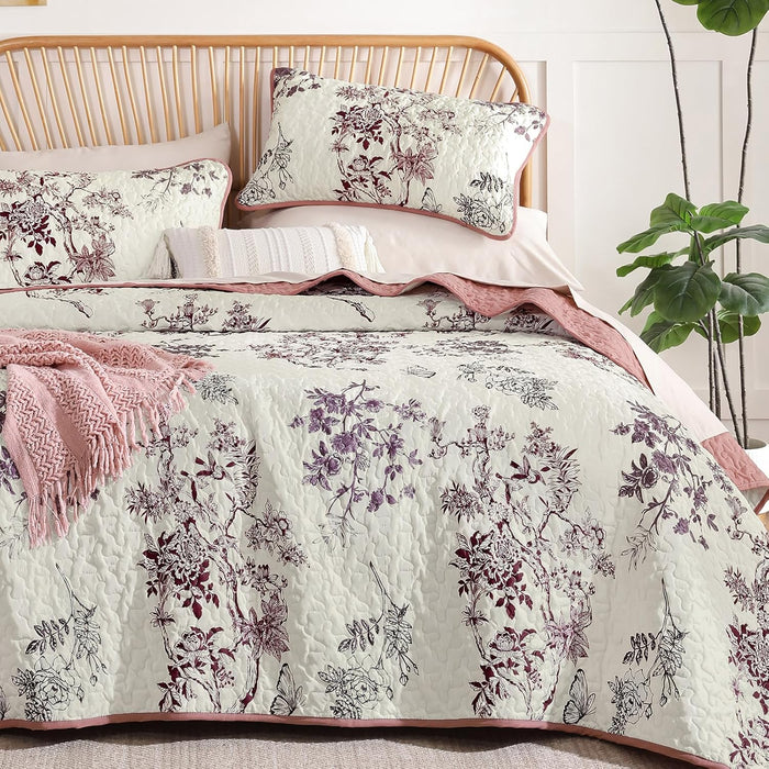 WONGS BEDDING Floral Quilt Set Queen,3 Piece Brown Botanical Leaf & Butterfly Pattern Bedspread Coverlet Set,Soft Beautiful Farmhouse Plants Quilts Bedding Set