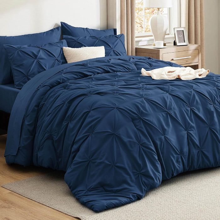 Bedsure Queen Comforter Set Beige - Bed in a Bag Queen Size Bedding 7 Pieces, GentleSoft™ Pintuck Bed Set Gift for Family, Pinch Pleat All Season Comforter with Sheets, Pillowcases & Shams