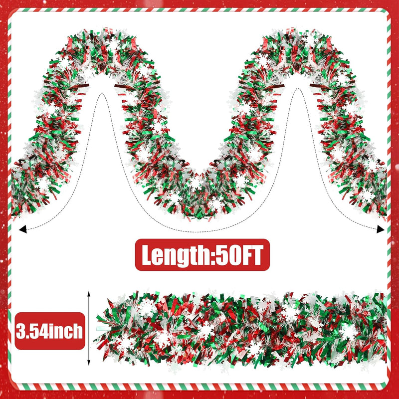 50Ft Christmas Snowflake Tinsel Garland Red Green Metallic Twist Hanging Garland with Snowflake Glitter Thick Tinsel Garlands Xmas Tree Decorations for Xmas Tree Fireplace Home Indoor Outdoor Decor