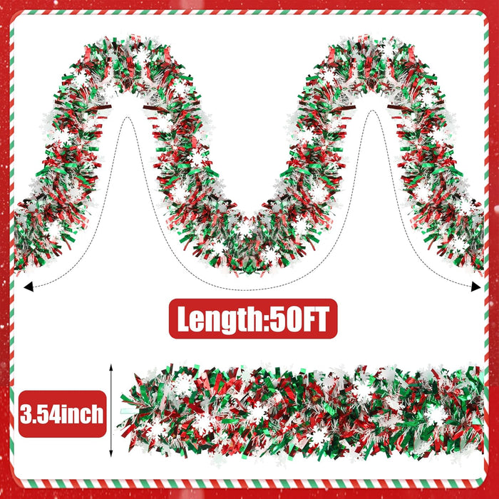 50Ft Christmas Snowflake Tinsel Garland Red Green Metallic Twist Hanging Garland with Snowflake Glitter Thick Tinsel Garlands Xmas Tree Decorations for Xmas Tree Fireplace Home Indoor Outdoor Decor