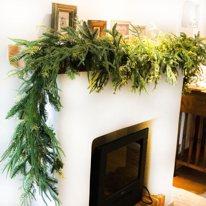 9ft Handmade Christmas Garland,Artificial Cypress Cedar Pine Needles Greenery Seasonal Garland for Christmas Fireplace Winter Holiday Indoor Outdoor Decoration