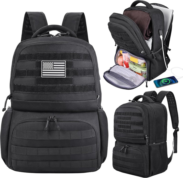 MOZETO Laptop Lunch Backpack for Men, Tactical Inspired Utility Anti-Theft Work Bag with Cooler Compartment Lunchbox (Black, 17 Inch)