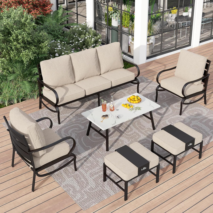 PHI VILLA 4 Piece Patio Furniture Sets for 5 Person with 1 x 3-Seat Deep Seating Bench, 2 x Cushioned Swivel Sofa Chairs & 1 x Coffee Table, Outdoor Metal Conversation Set for Lawn Garden, Red
