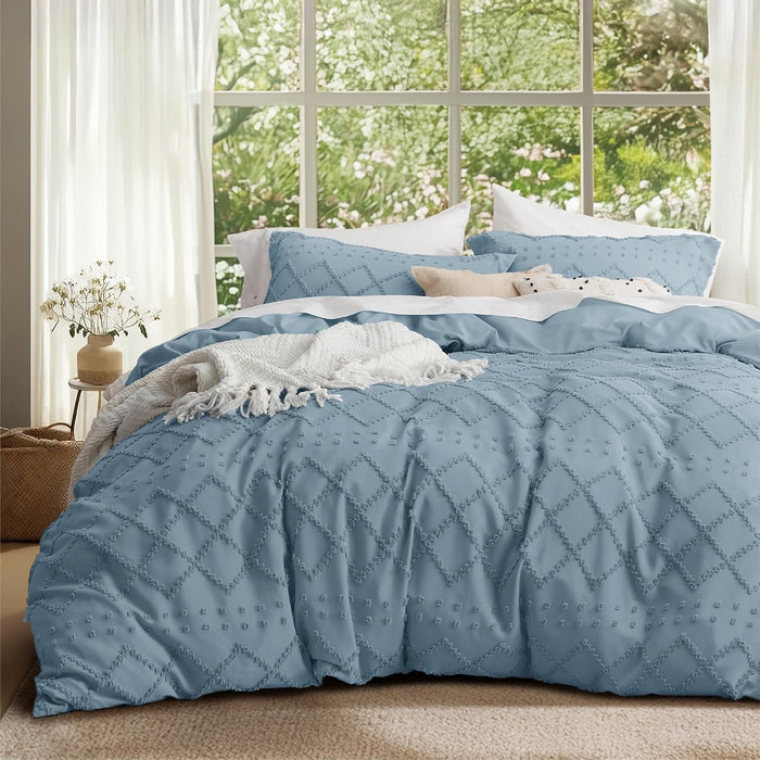 Bedsure Boho Duvet Cover Queen Size - Dark Green Tufted Boho Bedding, Farmhouse Shabby Chic Embroidery Bedding for All Seasons, 3 Pieces, 1 Soft Jacquard Queen Comforter Cover and 2 Pillow Shams