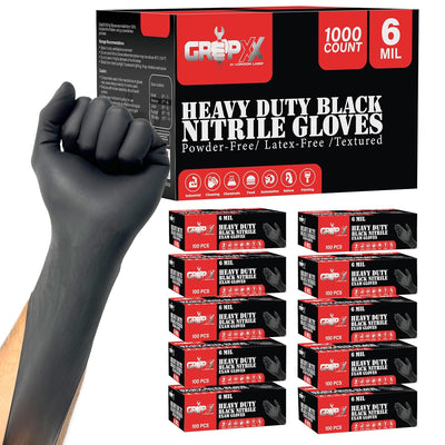 Heavy Duty 6 Mil Black Nitrile Gloves - Disposable, Latex & Powder Free | Mechanic, Food Prep & Tattoo | Rubber Gloves for Cooking, Cleaning & Household |Bulk Case of (1000)