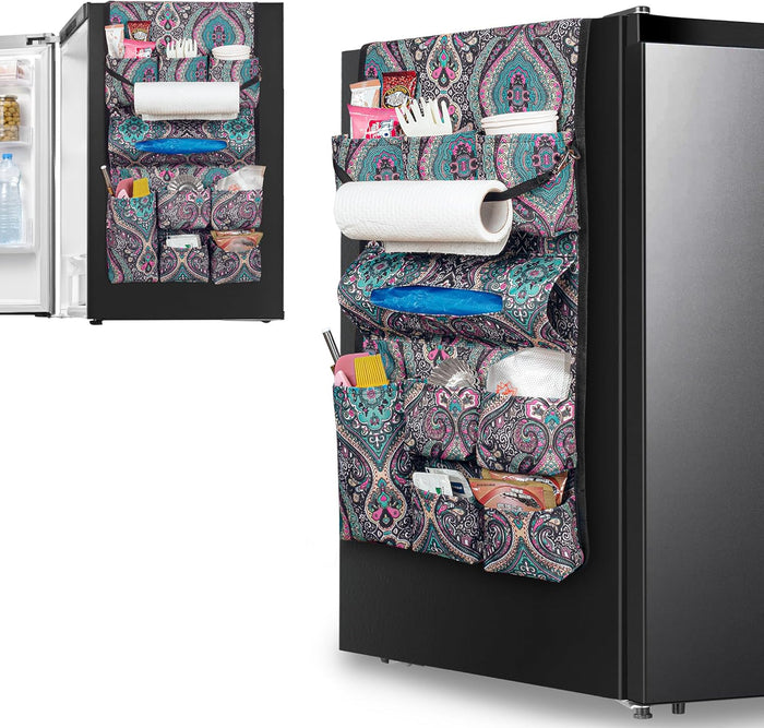 Mini Fridge Organizer, Dust Cover with 14 Pockets for Most Household Refrigerators, Hanging Mini Fridge Caddy Organizer Storage Bag for Dorm, Office, Kitchen, Home, School, Flowers