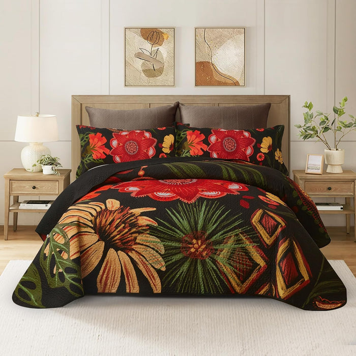3 Piece Black Boho Floral King Size Quilt Sets Reversible Farmhouse Botanical Lightweight Bedspread Coverlet with 2 Shams Mid Century Microfiber Fall Bedding Quilts Set for All Season,106''x96''