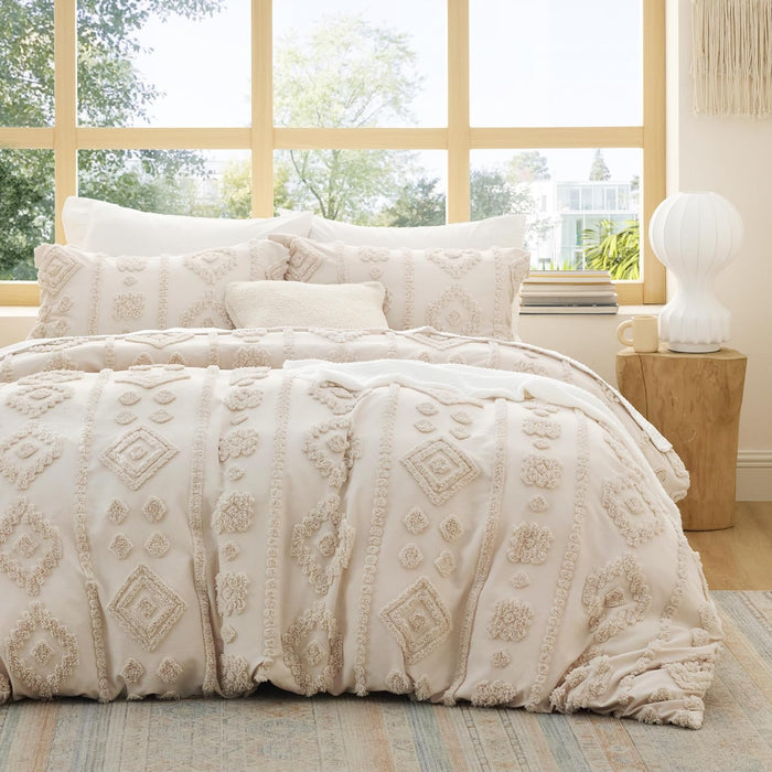 Bedsure Boho Duvet Cover King - Dark Green Tufted Boho Bedding, Farmhouse Shabby Chic Embroidery Bedding for All Seasons, 3 Pieces, 1 Soft Jacquard King Comforter Cover and 2 Pillow Shams