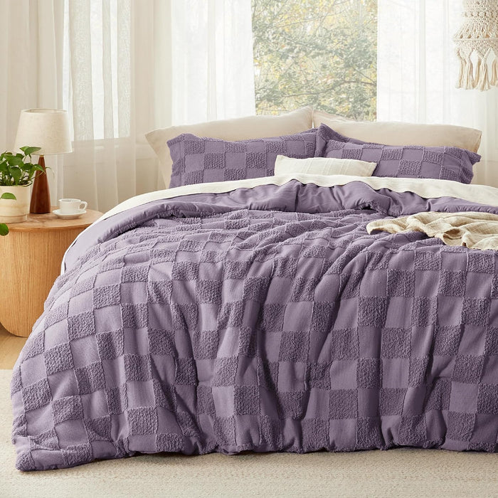 Bedsure Queen Size Comforter Set Beige, Boho Tufted Bed Set, Checkered Farmhouse Shabby Chic Bedding, 3 Pieces, 1 Plaid Geometric Comforter and 2 Pillow Shams