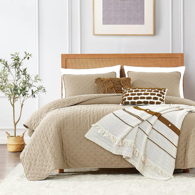 ROARINGWILD Beige Cloud Queen Size Quilt Bedding Sets with Pillow Shams, Farmhouse Lightweight Soft Bedspread Coverlet, All Season Rustic Country Thin Comforter, 3 Pieces, 90x90 inches, Tan Cream