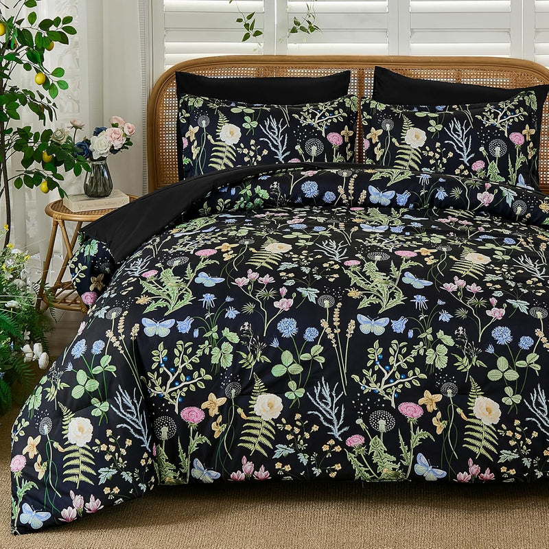 Yiran King Size Comforter Set 7 Pieces, Peacock Blue Botanical Floral Winter Comforter Bedding Set, Bed in a Bag King, Soft Microfiber Complete Bedding Set with Sheets for All Season