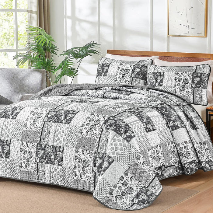 WONGS BEDDING Green Quilt Set King Size，Green Patchwork Plaid Printed Bedspread Coverlet Set，3 Pieces Summer Soft Microfiber Boho Bedding Set with 1 Quilt 2 Pillowcases