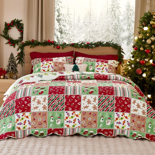 Bedsure Christmas Quilt Queen Size - Red Quilts for Queen Size Bed, Multicolor Patchwork Printed Pattern Christmas Bedding, Soft Lightweight Coverlet Bedspread (90"x96")