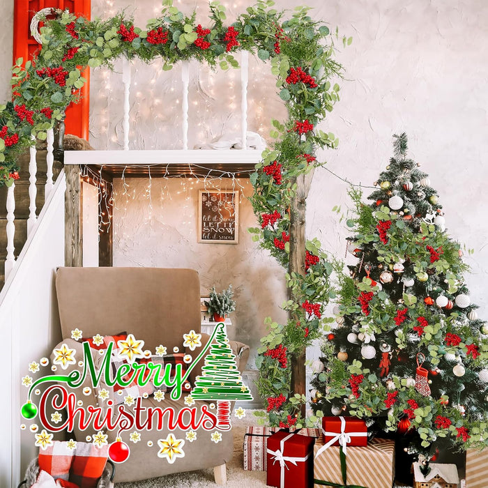 TOCHGREEN 2 Pack Artificial Christmas Garland Pine Cypress Greenery Hanging Garland with Red Berries Winter Pine Garland for Holiday Home Mantle Table Outdoor Indoor Christmas Decorations