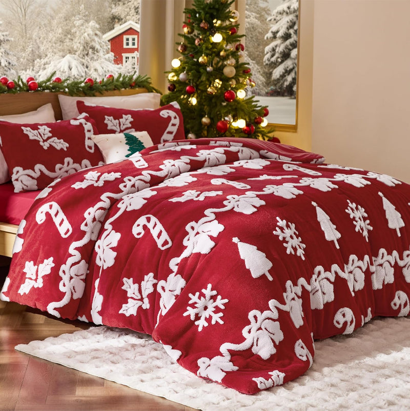 Bedsure Fluffy Christmas Comforter Set King - Christmas Bedding with White Snowflake, Warm Fleece Bed Sets for Winter, 3 Pieces, 1 Soft Plush Shaggy Comforter with 2 Pillowcases