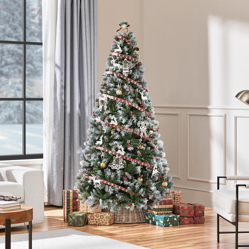 Yaheetech 6ft Pre-lit Frosted Artificial Hinged Christmas Tree with 818 Flocked PVC Tips,62 Pine Cones,62 Holly Berries & 250 Warm White Lights,Foldable Stand,Green