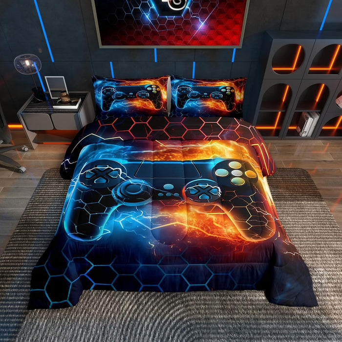 Feelyou Kids Gamer Comforter Set Twin Size, Galaxy Gaming Bedding Set Glitter Game Comforter Boys Girls Gamepad Teens Duvet Set Bedroom Decor Bed Set 2Pcs
