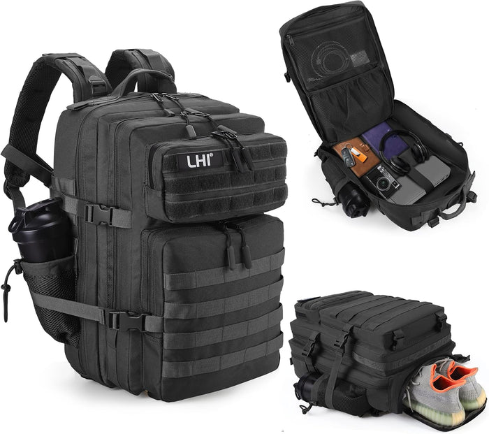 LHI Military Tactical Backpack for Men and Women 45L Army 3 Days Assault Pack Bag Large Rucksack with Molle System - Black