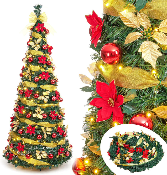 Decoway Pre Lit Pre Decorated Christmas Tree Pop Up Christmas Tree and Warm White LED Lights,Holiday Party Decorations,Red Gold (Yellow, 6 FT)