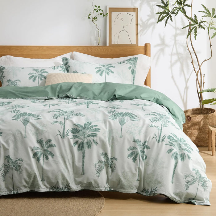 Bedsure Duvet Cover Queen Size - 100% Cotton Reversible Floral Queen Duvet Cover Set with Zipper Closure, 3 Pieces Soft & Breathable Green Bedding Set with 2 Pillow Shams 20"x26"