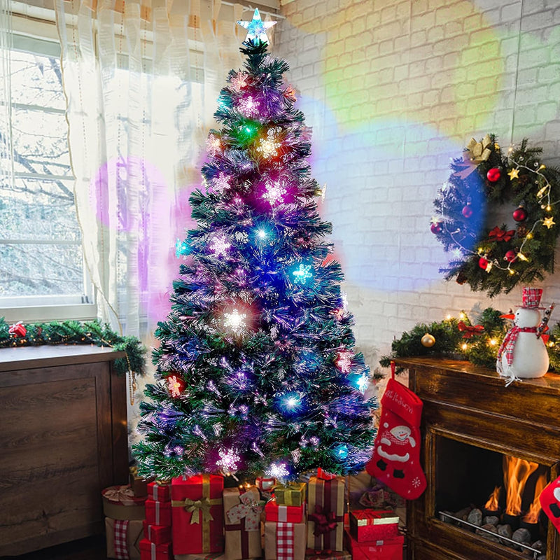 Juegoal 7 ft Pre-Lit Optical Fiber Christmas Artificial Tree, with LED RGB Color Changing Led Lights, Snowflakes and Top Star, Festive Party Holiday Fake Multicolor Xmas Tree with Sturdy Metal Legs